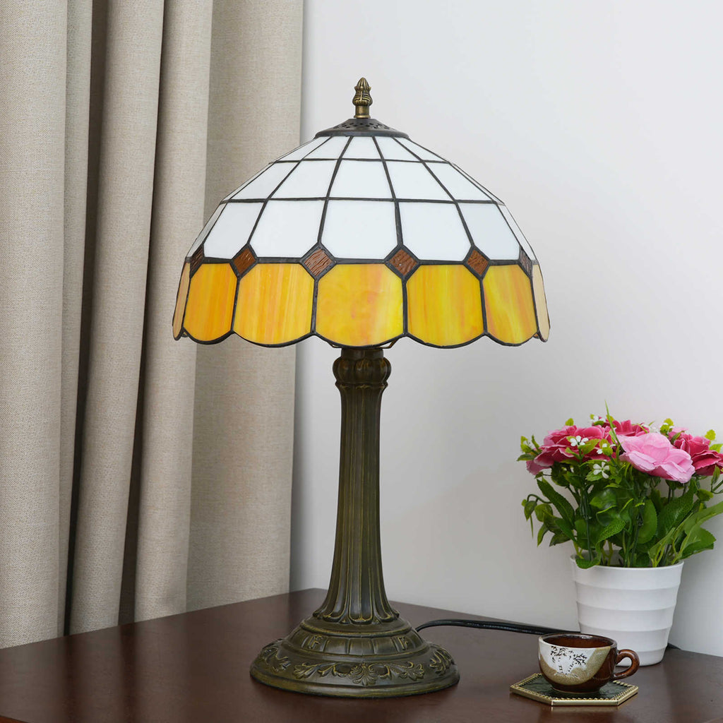 Tiffany Table Lamp in White and Amber Stained Glass