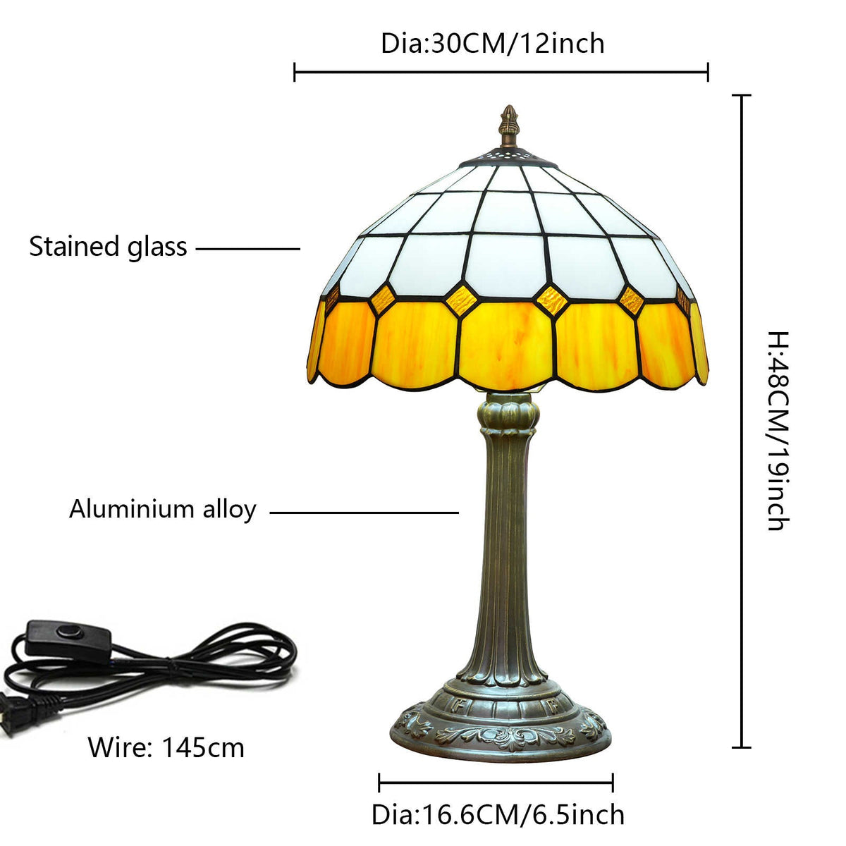 Tiffany Table Lamp in White and Amber Stained Glass