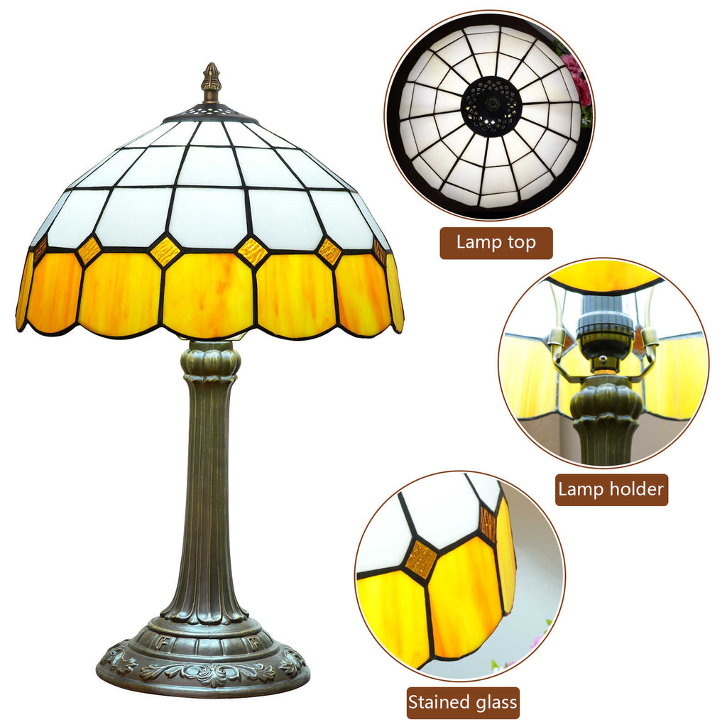 Tiffany Table Lamp in White and Amber Stained Glass