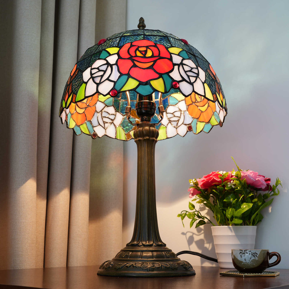 Tiffany Table Lamp in Pink and Bronze Tinted Glass