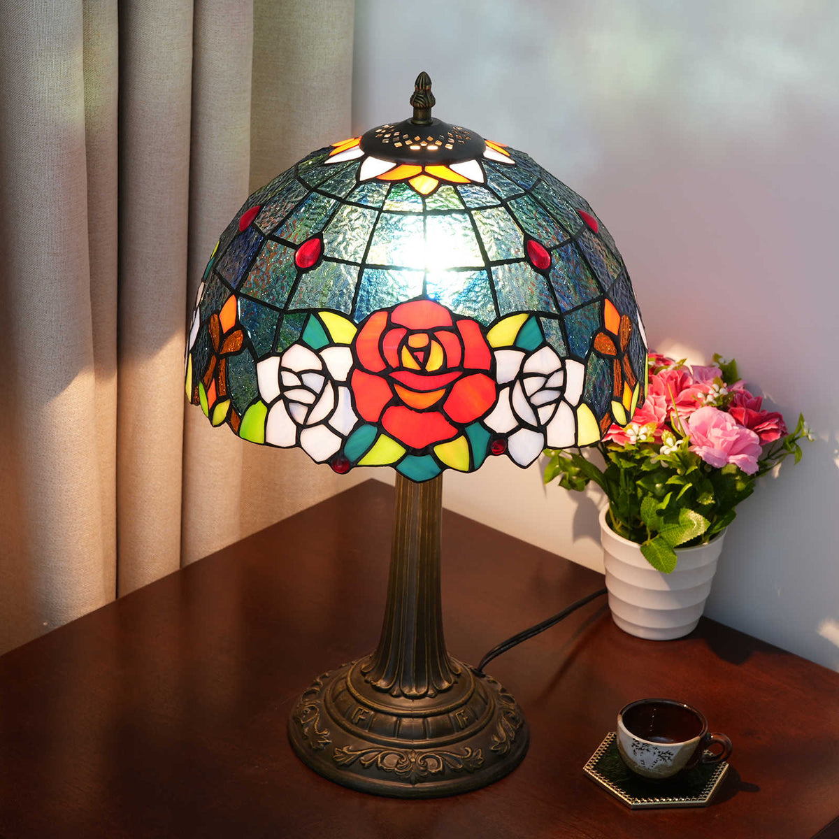 Tiffany Table Lamp in Pink and Bronze Tinted Glass