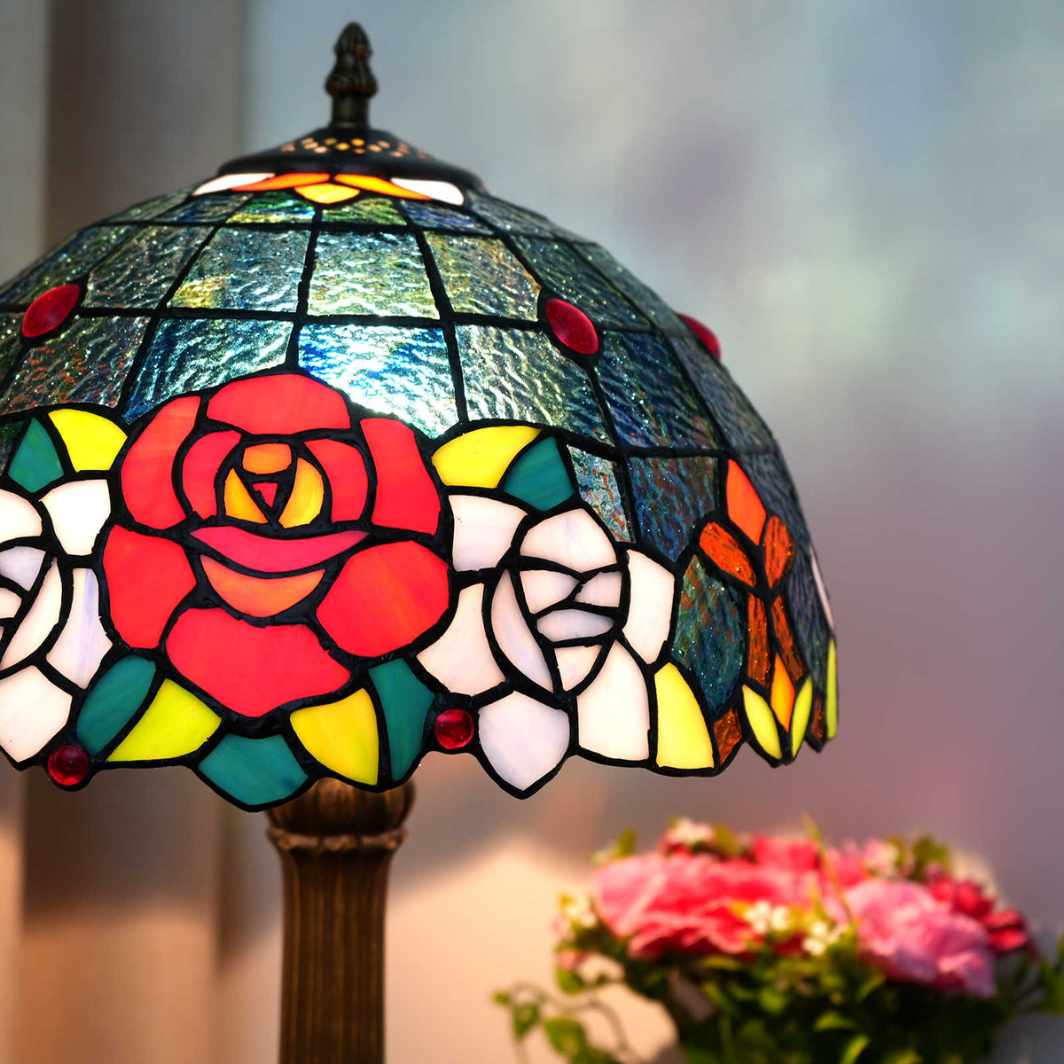 Tiffany Table Lamp in Pink and Bronze Tinted Glass
