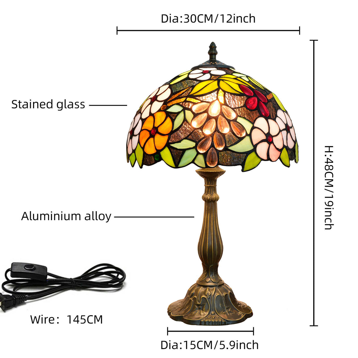 Tiffany Table Lamp in Floral Stained Glass and Bronze