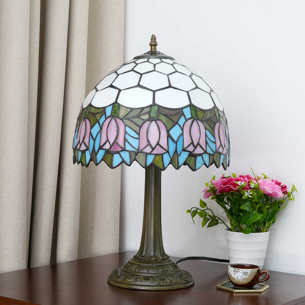 Tiffany Table Lamp with Pink Tulip Pattern