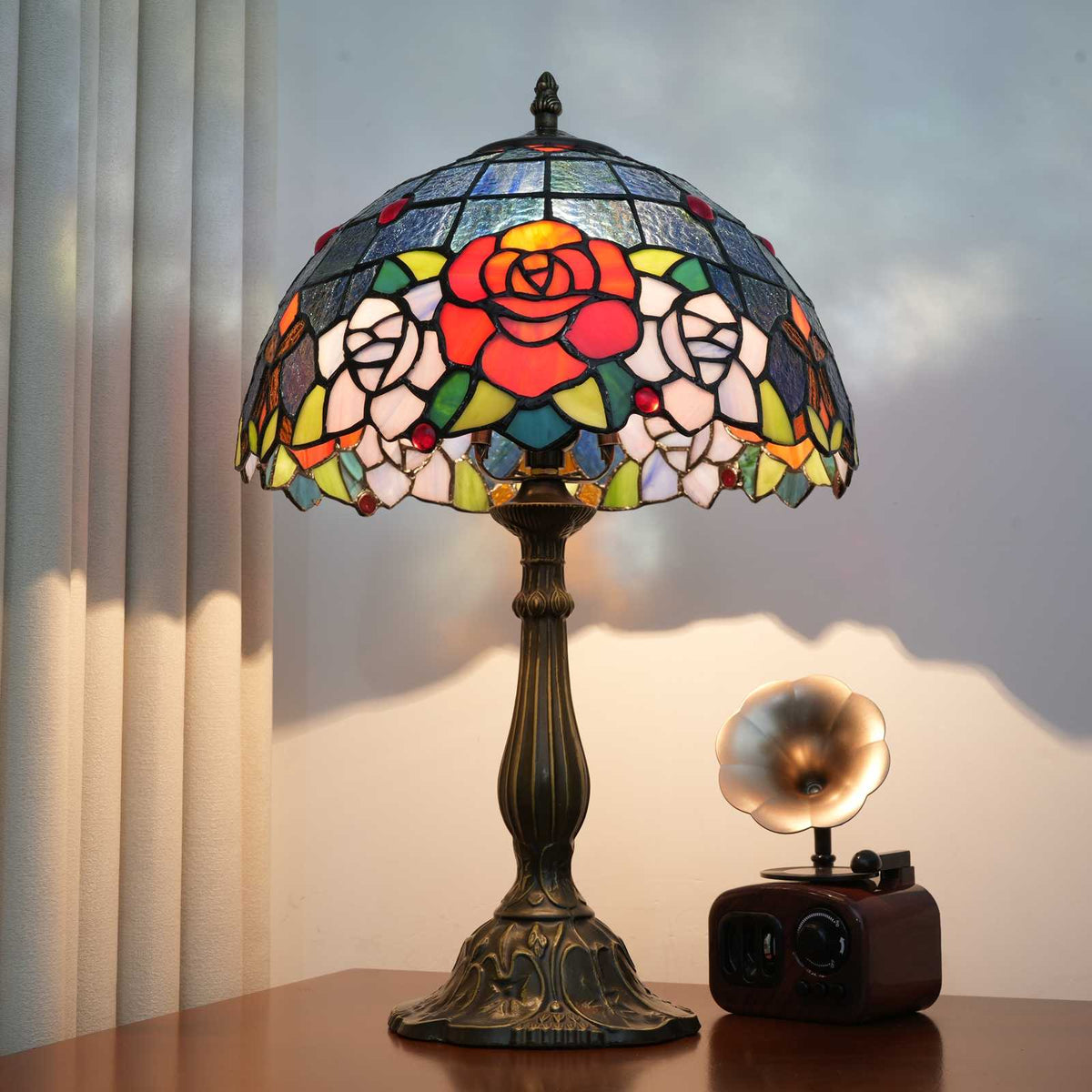 Multicolor Stained Glass Table Lamp with Roses