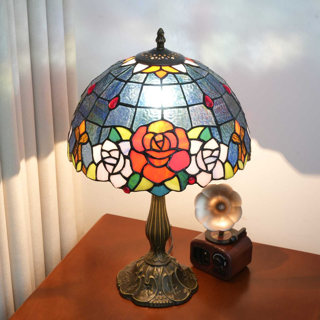 Multicolor Stained Glass Table Lamp with Roses
