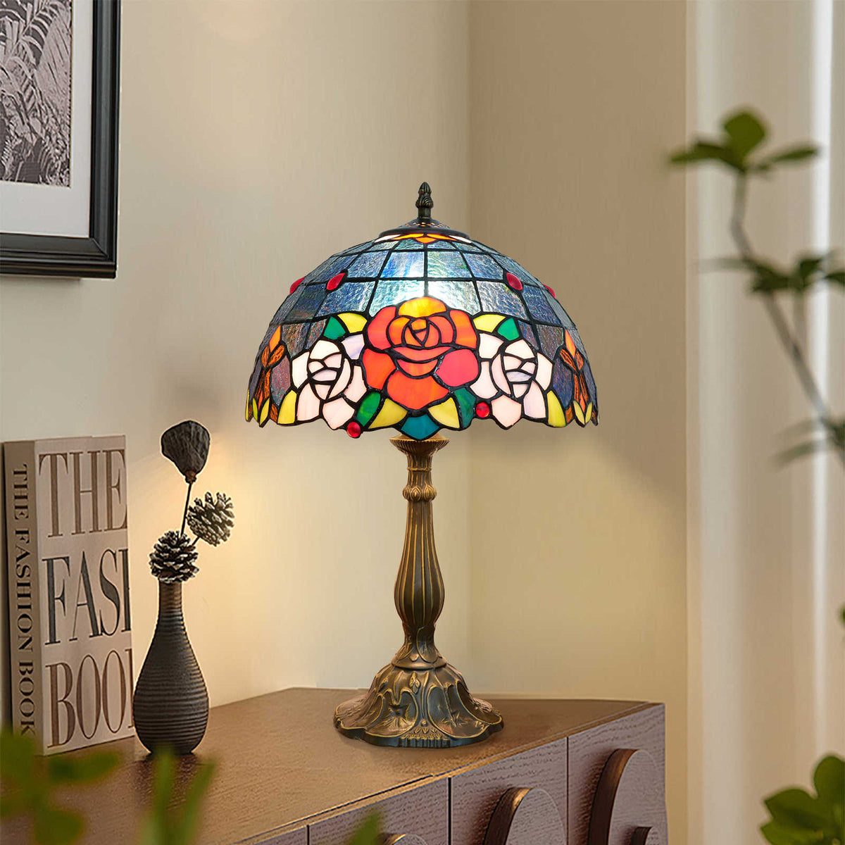 Multicolor Stained Glass Table Lamp with Roses