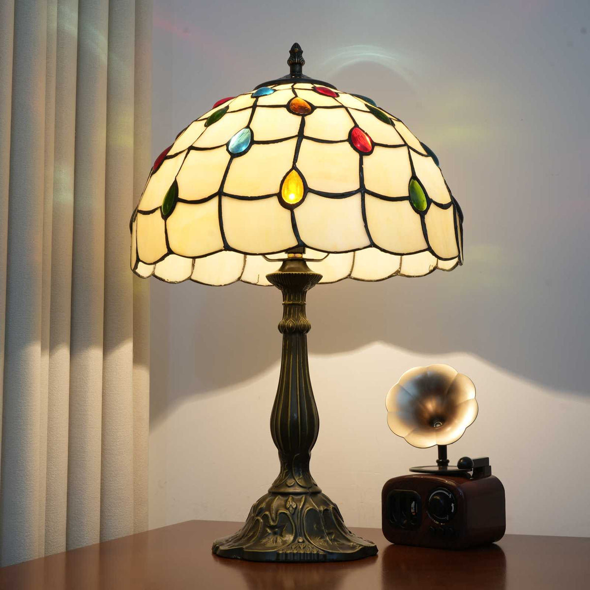 Tiffany Table Lamp in Multicolor Stained Glass Dome