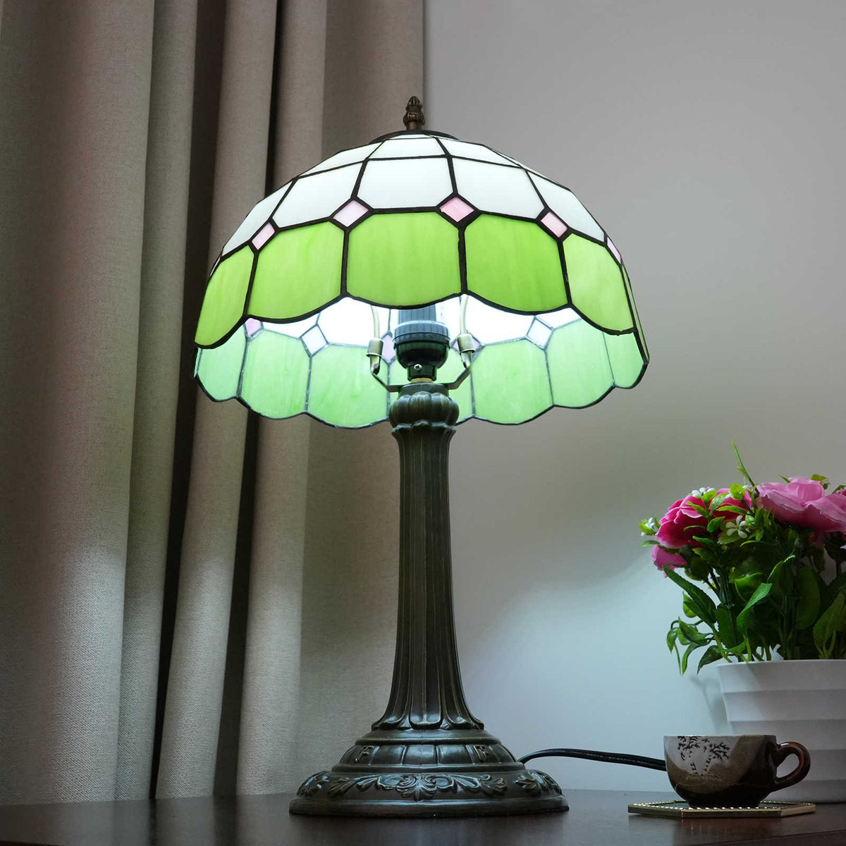 Geometric Tiffany Table Lamp in Green and Pale Pink