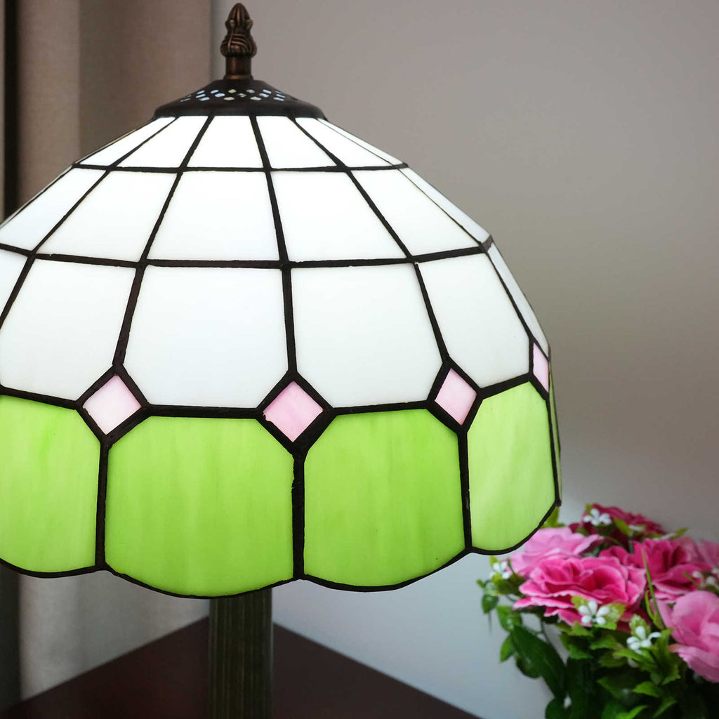 Geometric Tiffany Table Lamp in Green and Pale Pink