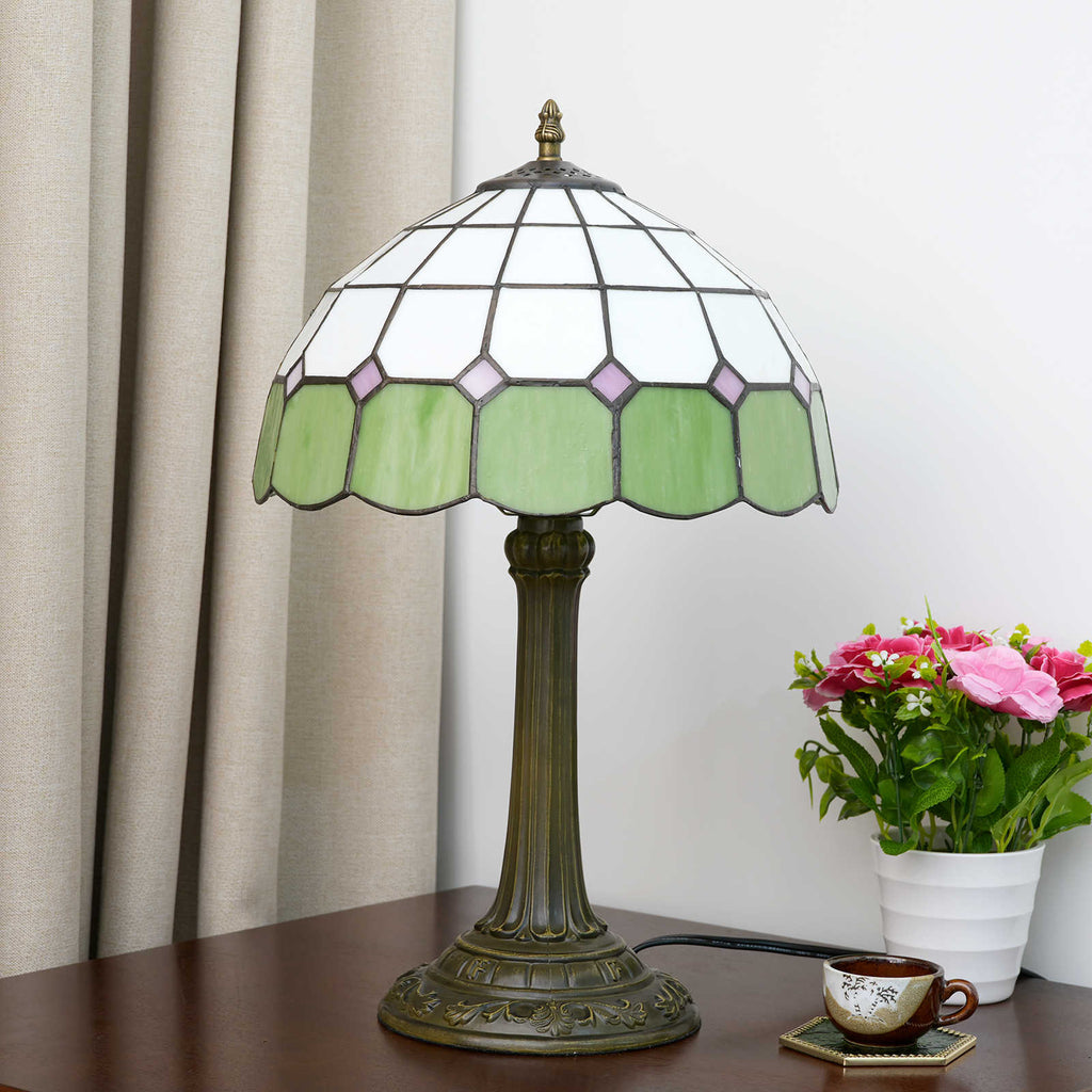 Geometric Tiffany Table Lamp in Green and Pale Pink