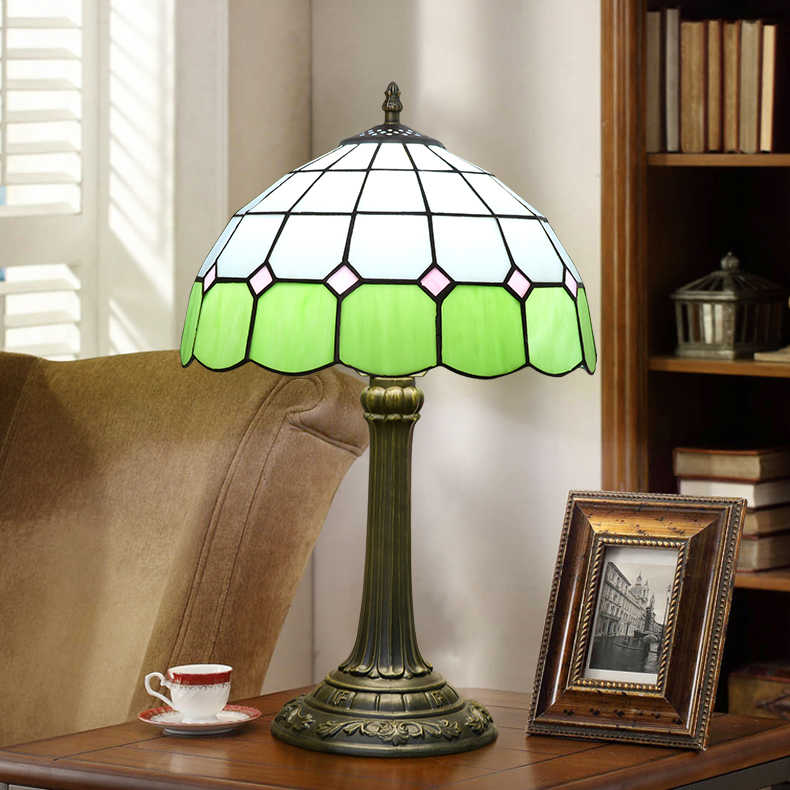 Geometric Tiffany Table Lamp in Green and Pale Pink