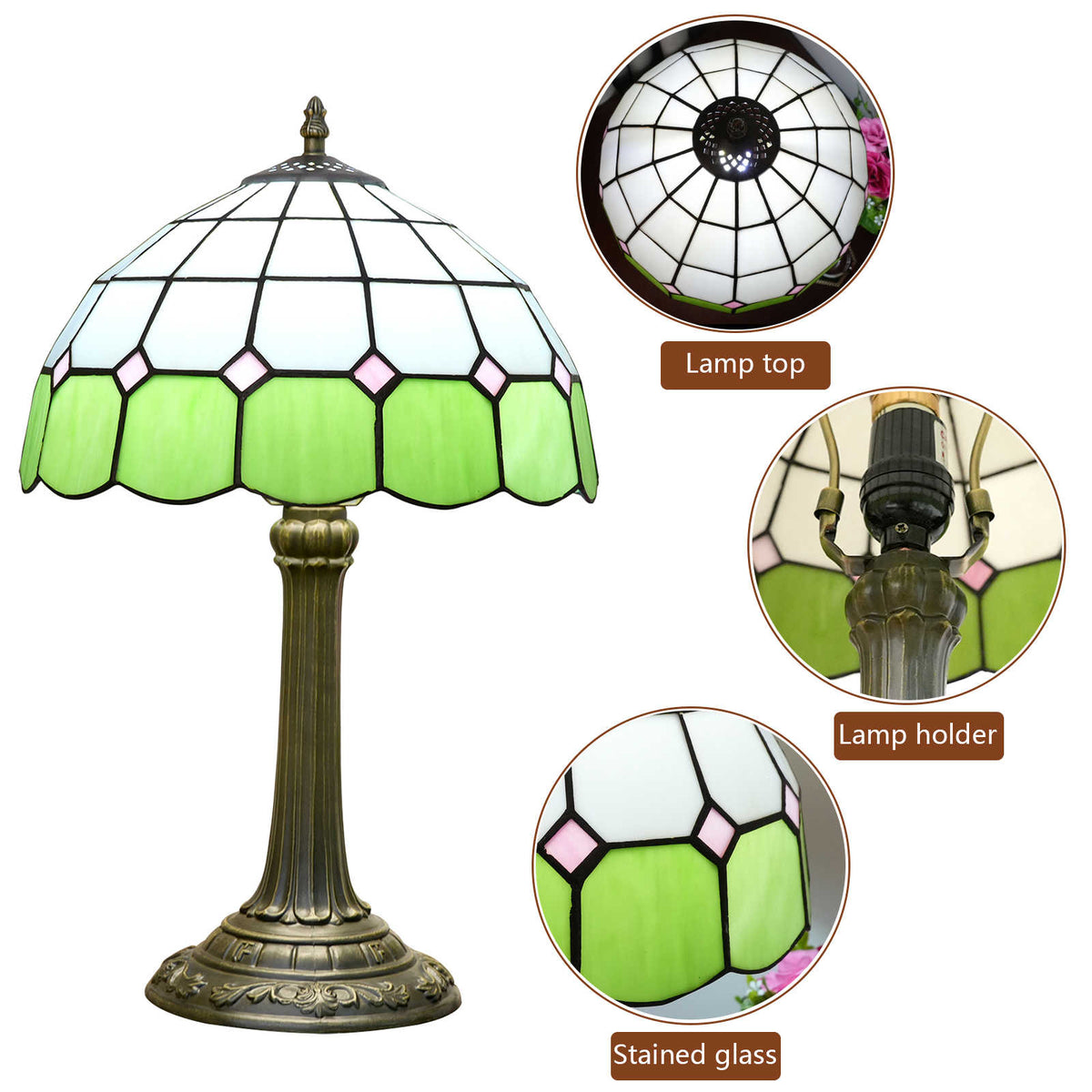 Geometric Tiffany Table Lamp in Green and Pale Pink