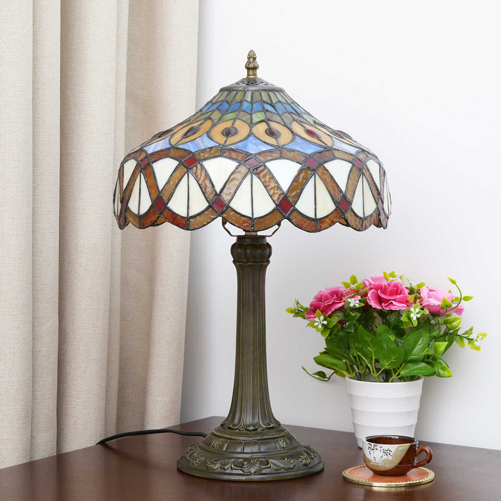 Tiffany Table Lamp in Stained Glass and Aged Bronze Base