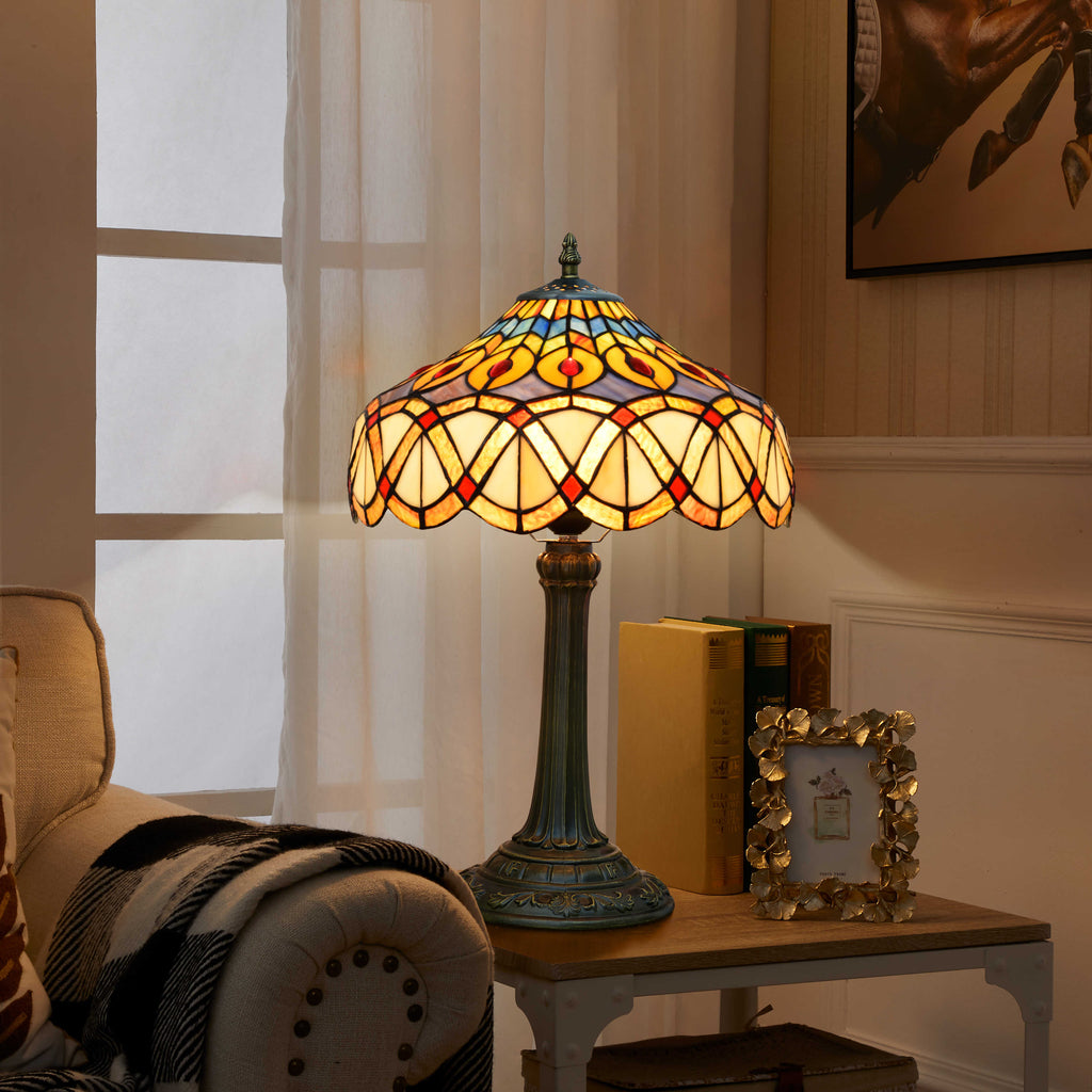 Tiffany Table Lamp in Stained Glass and Aged Bronze Base