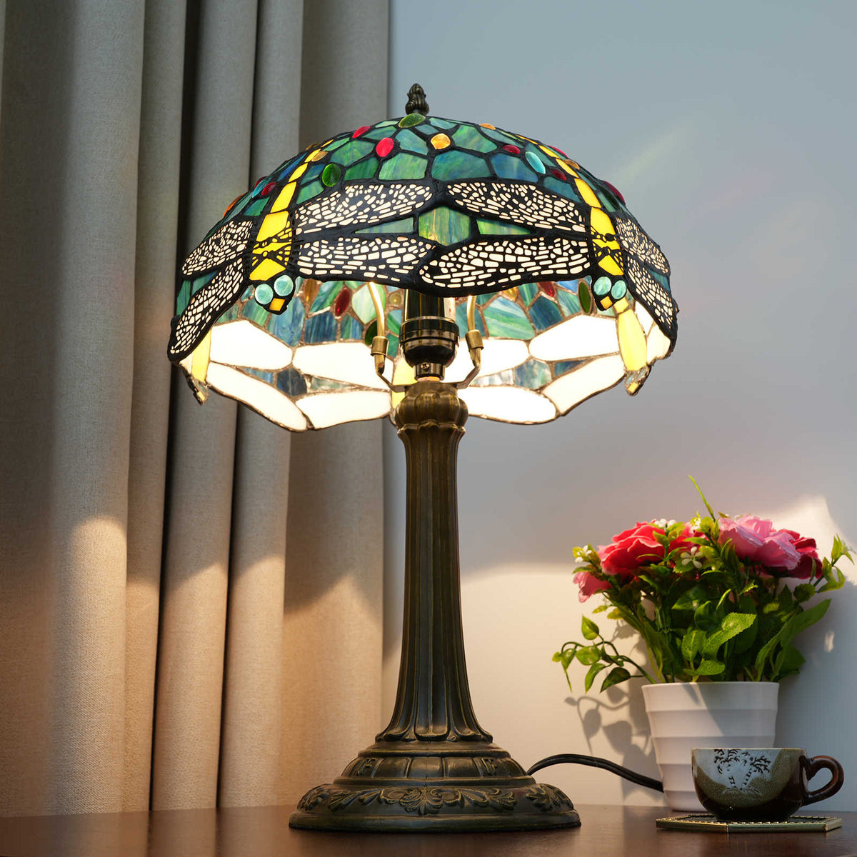Tiffany Blue Dragonfly Table Lamp in Tinted Glass