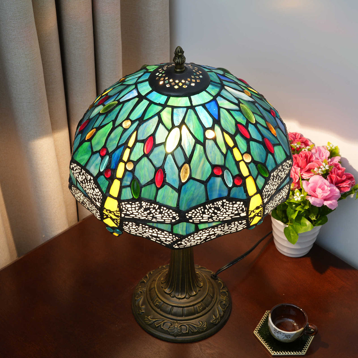 Tiffany Blue Dragonfly Table Lamp in Tinted Glass