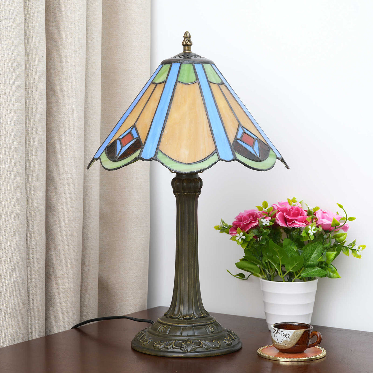Tiffany Glass and Antique Bronze Table Lamp