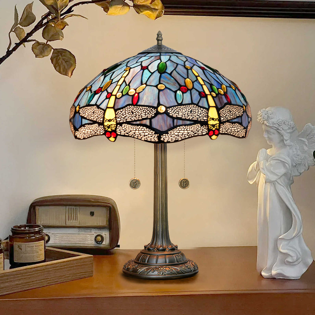 Tiffany Style Stained Glass Dragonfly Table Lamp