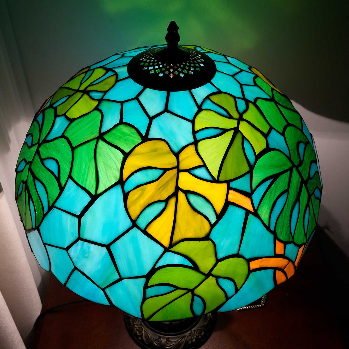 Tiffany Stained Glass Table Lamp with Green and Blue Leaves