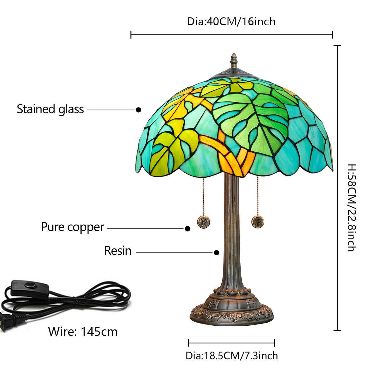 Tiffany Stained Glass Table Lamp with Green and Blue Leaves