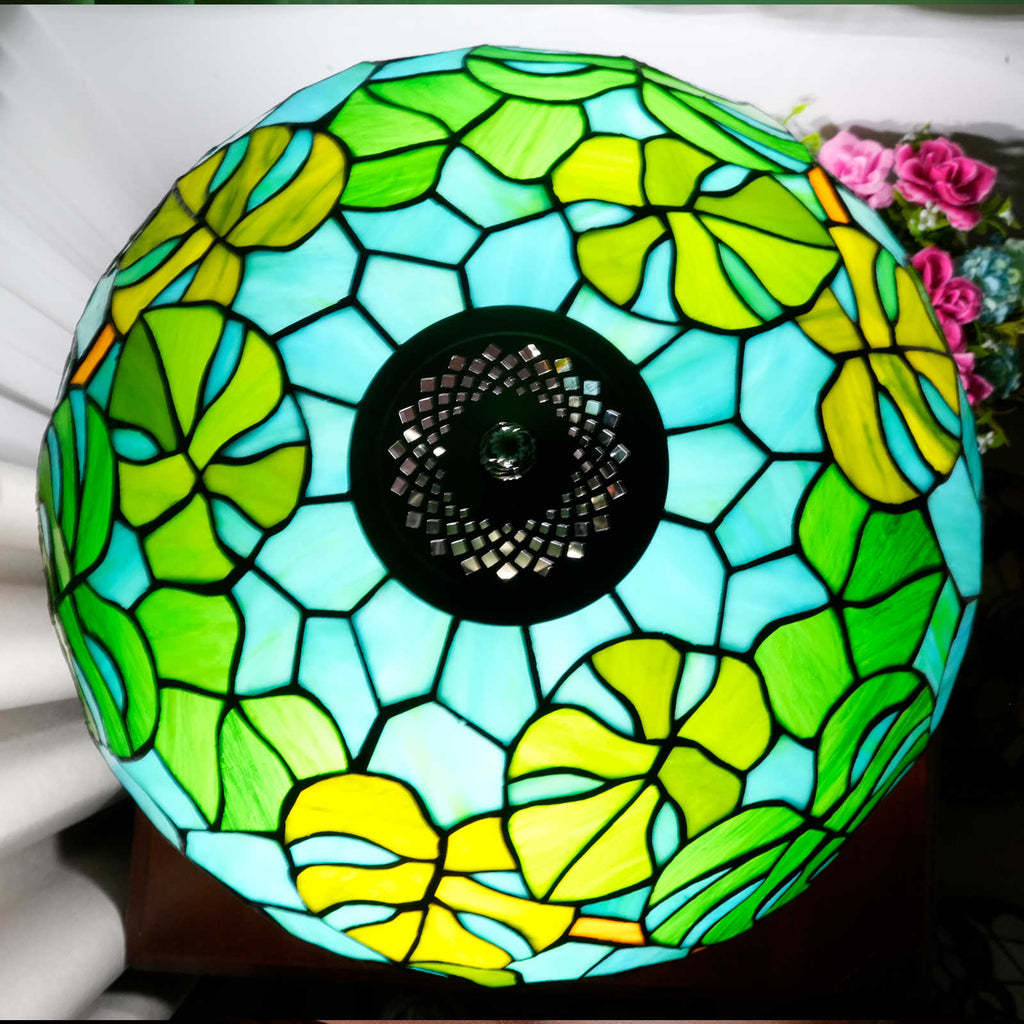 Tiffany Stained Glass Table Lamp with Green and Blue Leaves