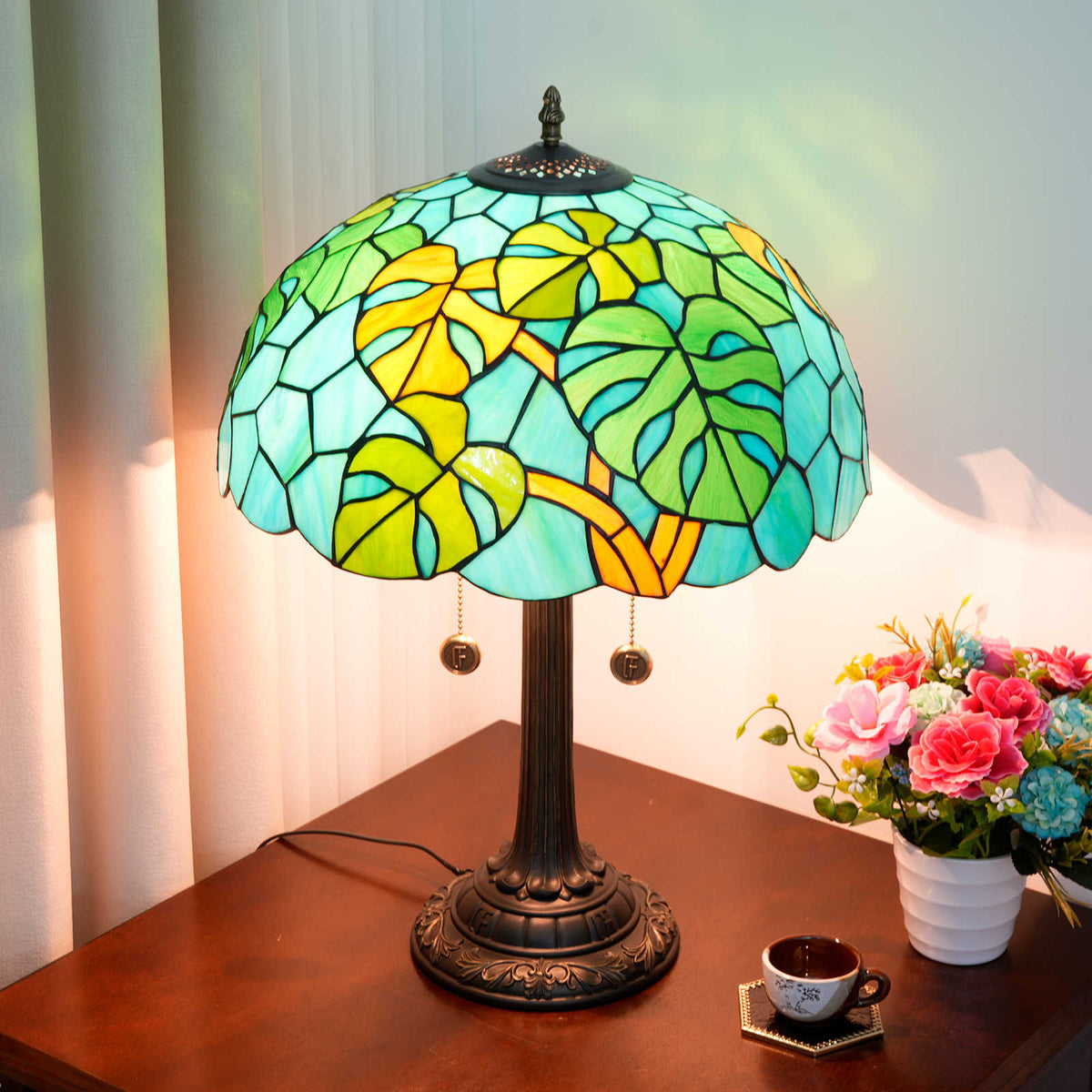 Tiffany Stained Glass Table Lamp with Green and Blue Leaves