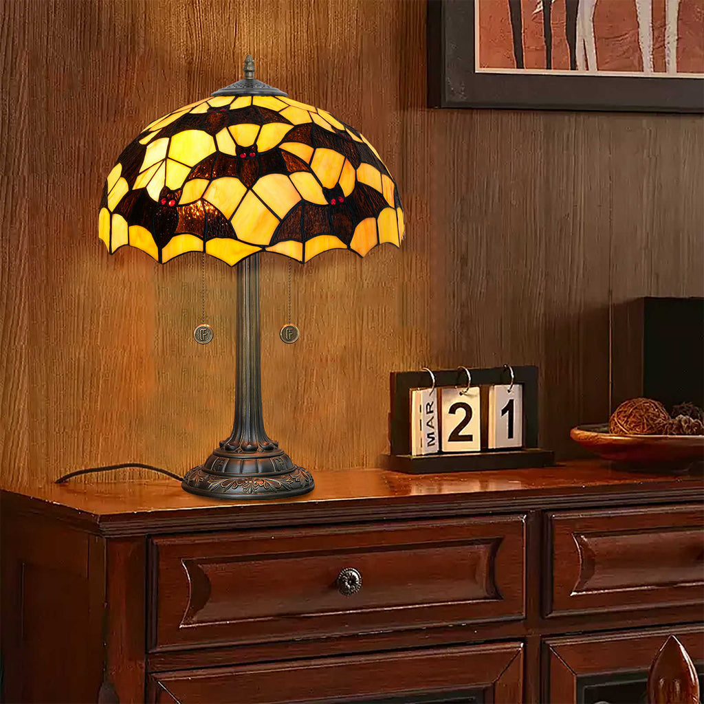 Amber and Black Stained Glass Bat Table Lamp