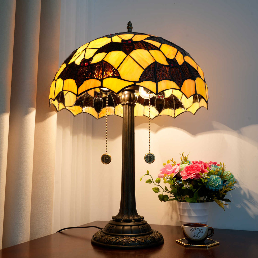 Amber and Black Stained Glass Bat Table Lamp