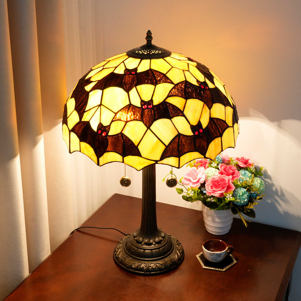 Amber and Black Stained Glass Bat Table Lamp