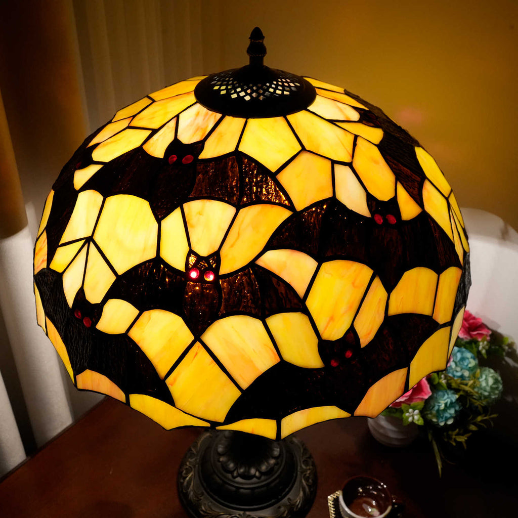 Amber and Black Stained Glass Bat Table Lamp