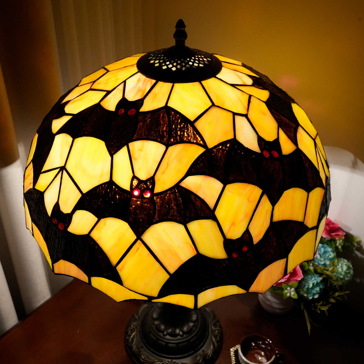 Amber and Black Stained Glass Bat Table Lamp