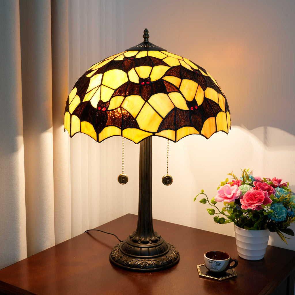 Amber and Black Stained Glass Bat Table Lamp
