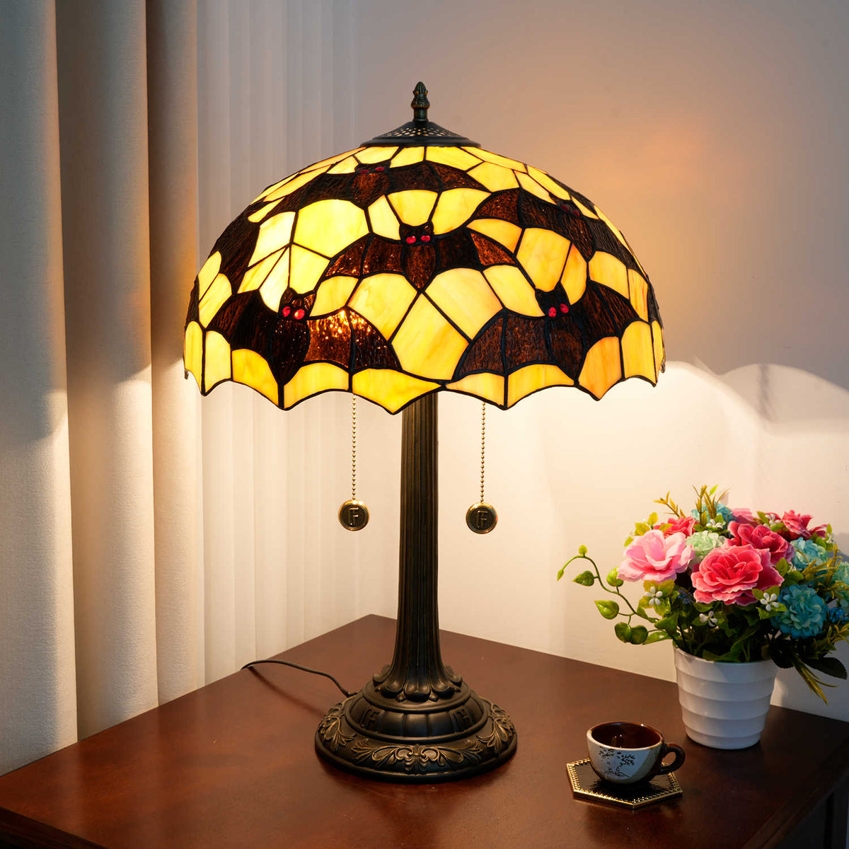 Amber and Black Stained Glass Bat Table Lamp