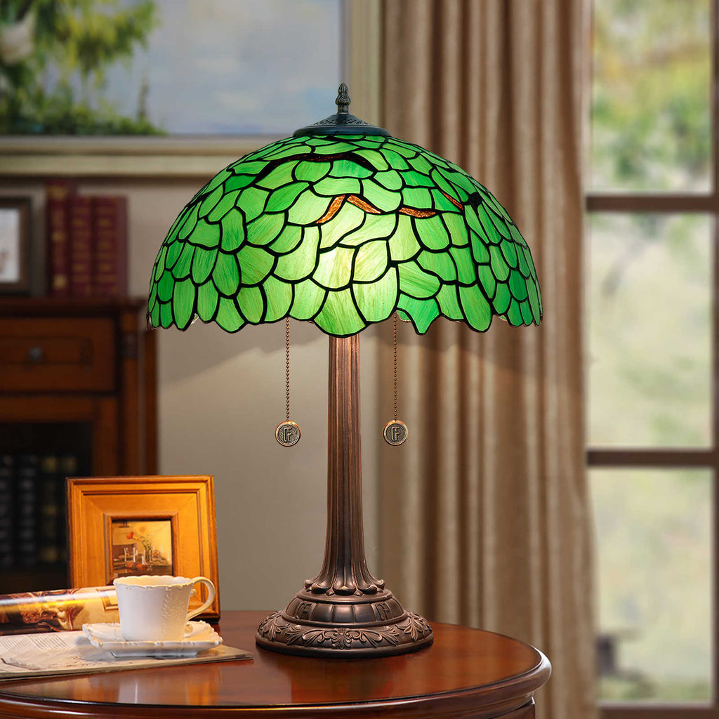 Tiffany Table Lamp in Green Foliage Stained Glass