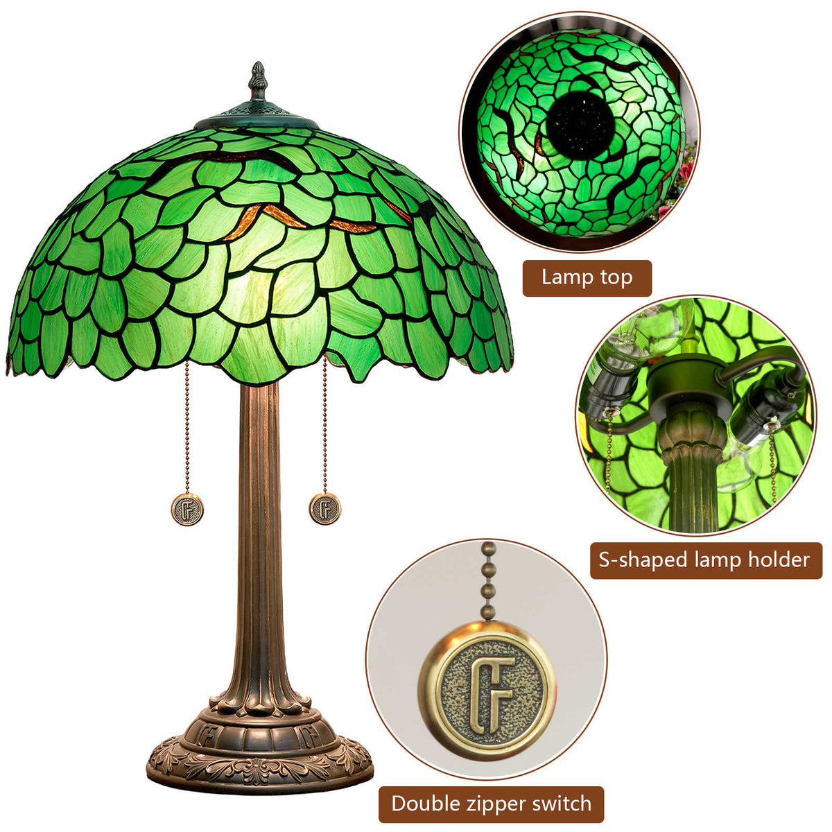 Tiffany Table Lamp in Green Foliage Stained Glass