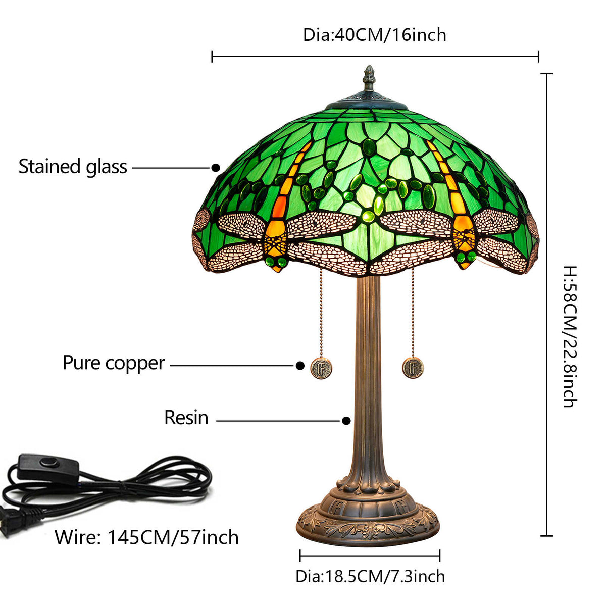 Tiffany Table Lamp in Green Stained Glass with Dragonflies