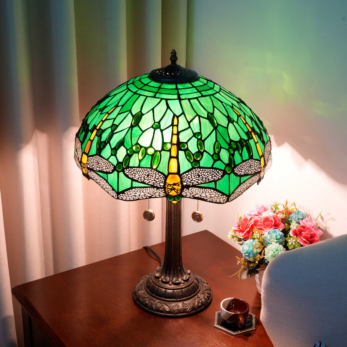 Tiffany Table Lamp in Green Stained Glass with Dragonflies