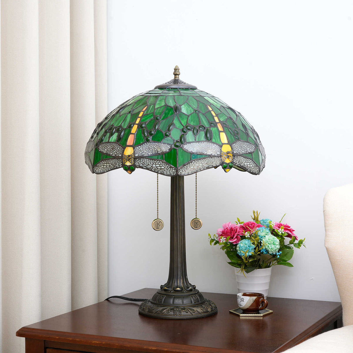 Tiffany Table Lamp in Green Stained Glass with Dragonflies