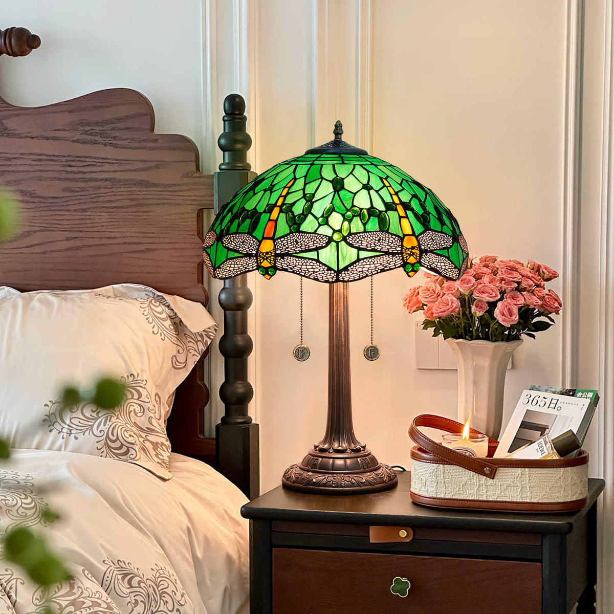 Tiffany Table Lamp in Green Stained Glass with Dragonflies