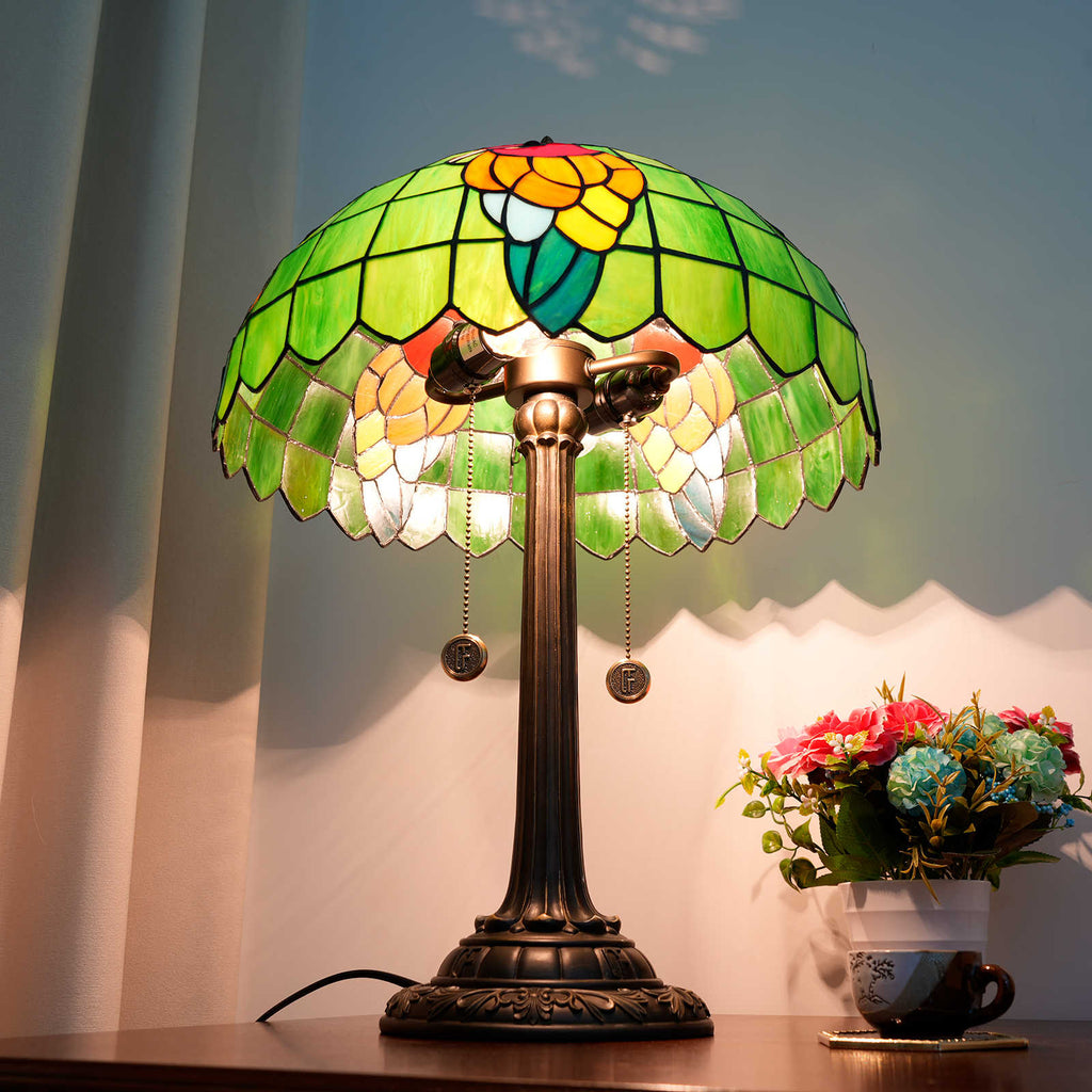 Tiffany Table Lamp in Green Stained Glass with Parrot
