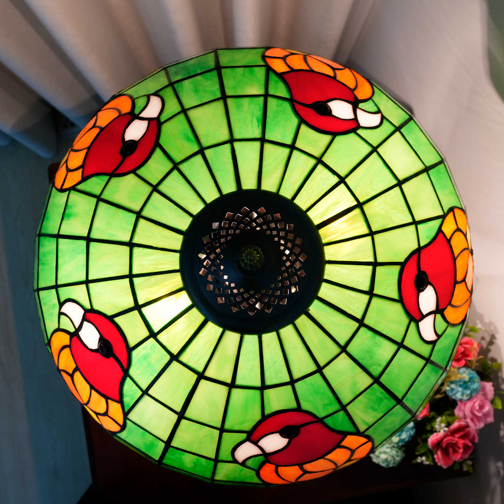 Tiffany Table Lamp in Green Stained Glass with Parrot
