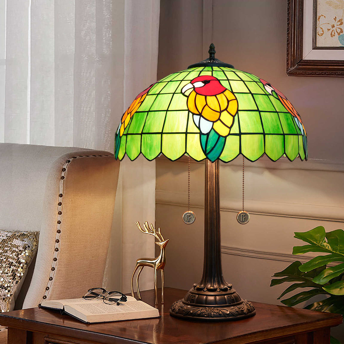 Tiffany Table Lamp in Green Stained Glass with Parrot