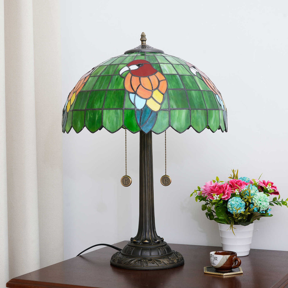 Tiffany Table Lamp in Green Stained Glass with Parrot