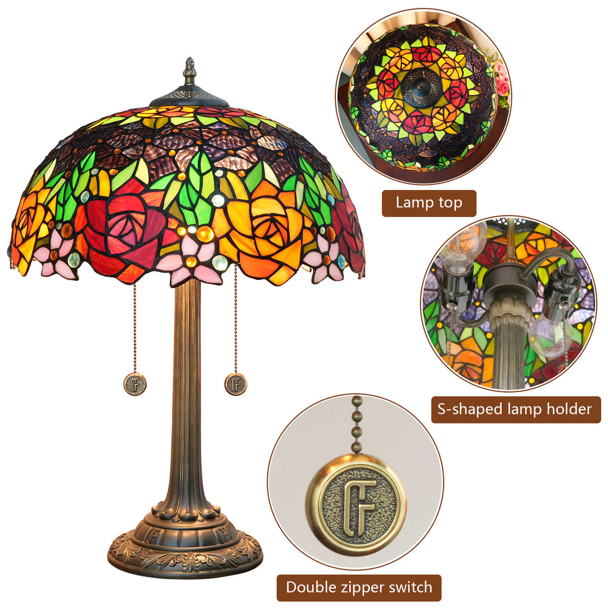 Tiffany Style Stained Glass Table Lamp with Roses