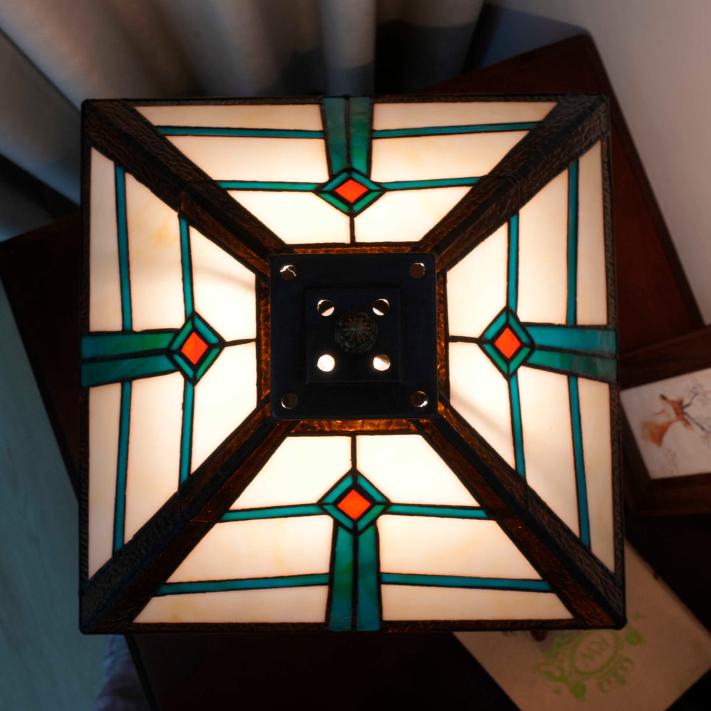 Turquoise and Amber Geometric Stained Glass Table Lamp