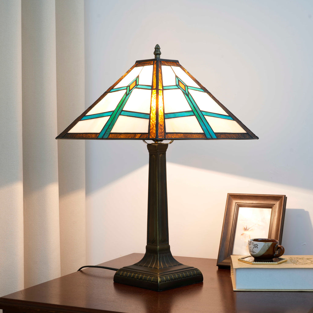 Turquoise and Amber Geometric Stained Glass Table Lamp