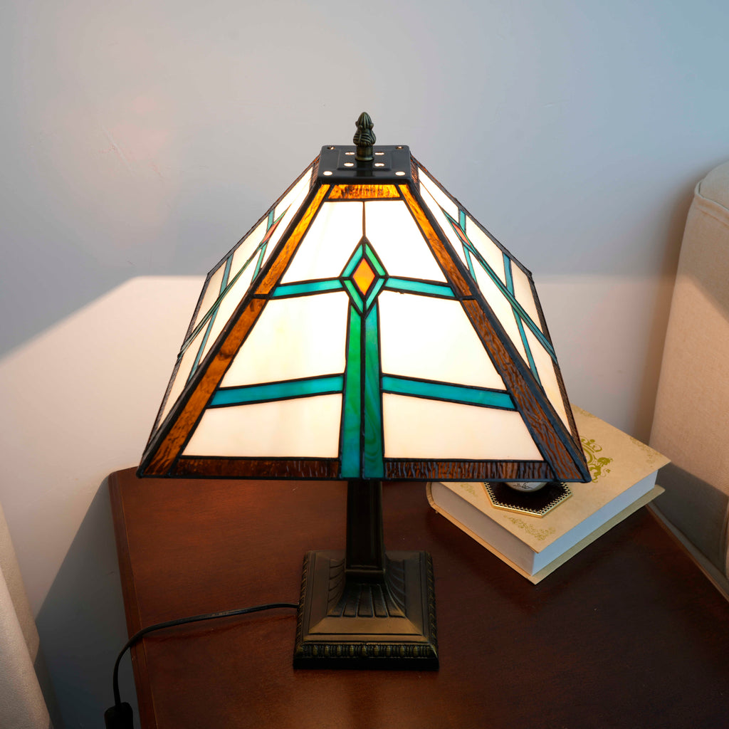 Turquoise and Amber Geometric Stained Glass Table Lamp