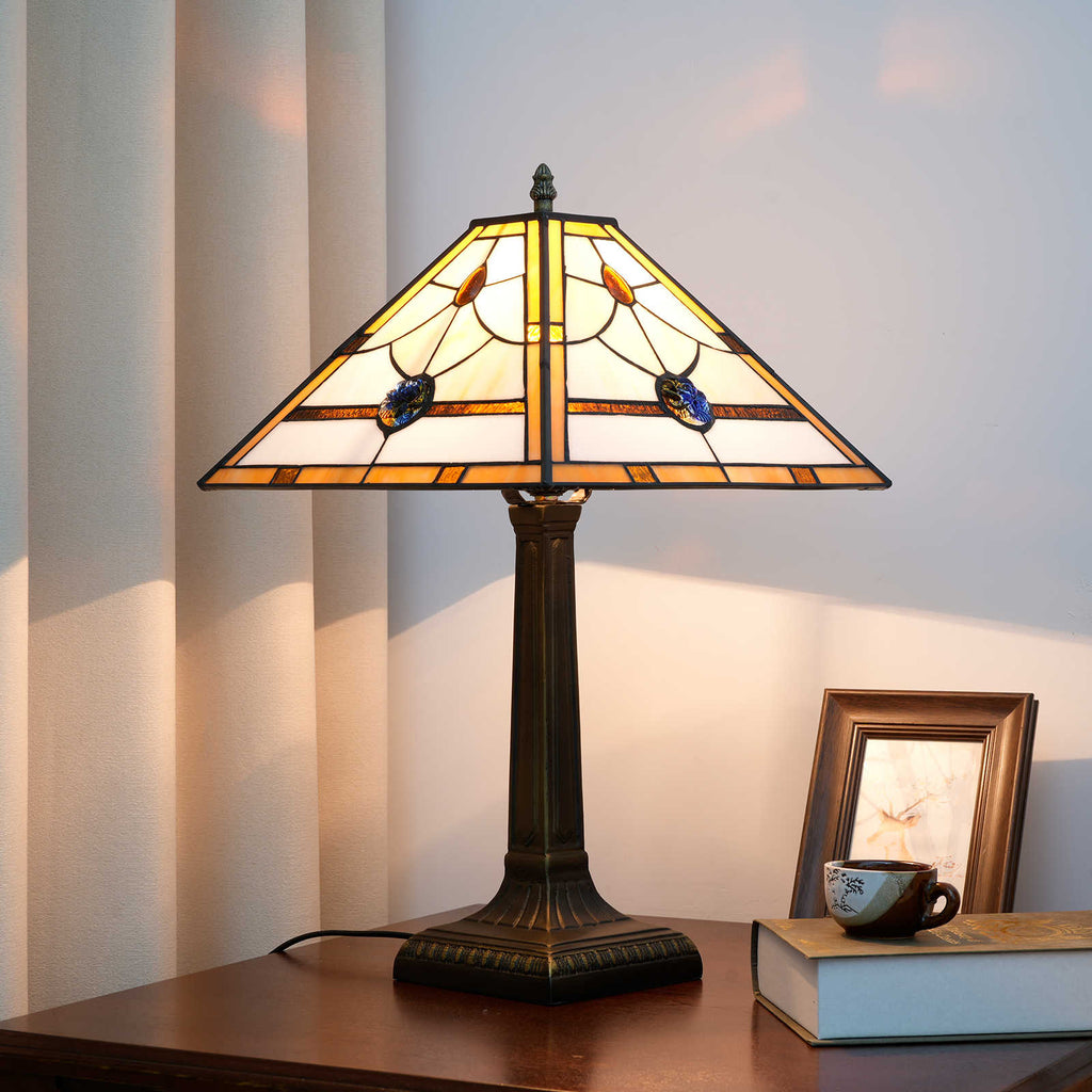 Amber Beige Stained Glass Table Lamp with Bronze Base