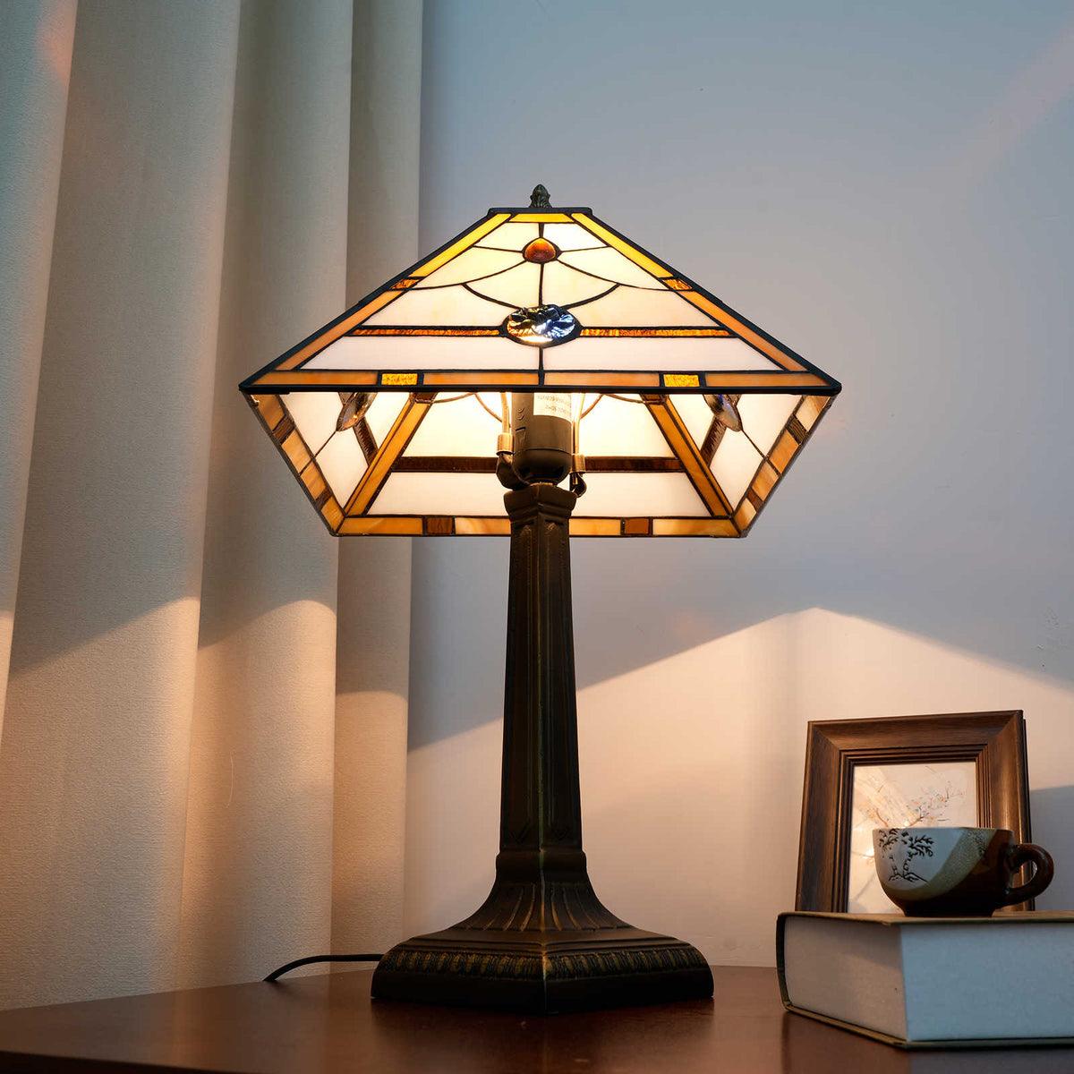 Amber Beige Stained Glass Table Lamp with Bronze Base